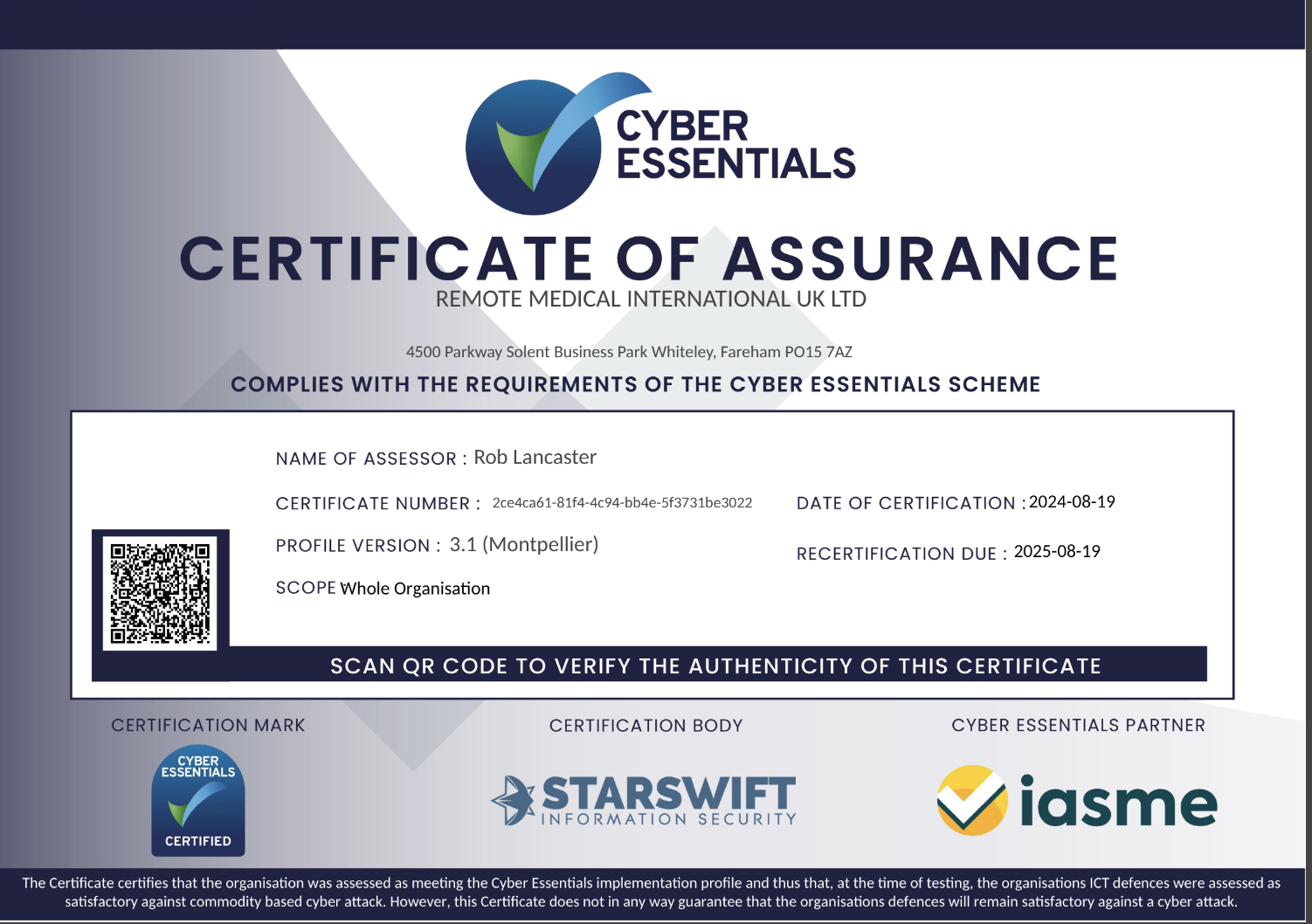 RMI Cyber Essentials cerficiation